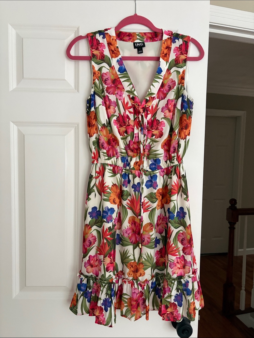 INC International Concepts White Floral V-Neck Tie-Waist Sundress